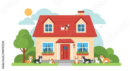 Happy Dogs Family at Cozy Home Exterior, Cartoon Style Illustration