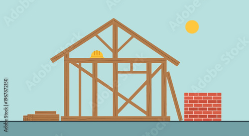 House construction framing with bricks and lumber, sunny day