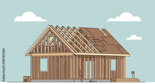 House Construction: Unfinished Wooden Frame and Roof Structure