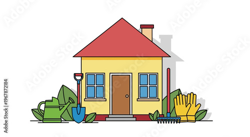 House with Gardening Tools and Plants - Home Maintenance Concept