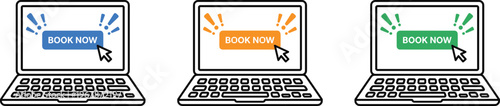Laptop booking icons in black and color design, showing “BOOK NOW” buttons with cursor clicks, symbolizing reservation, online booking, call‑to‑action, and digital commerce.