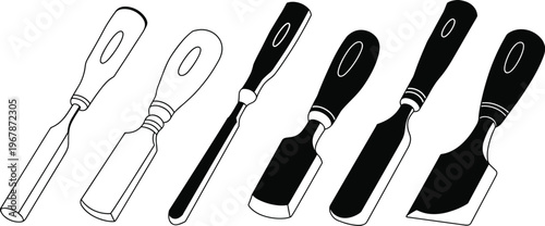 Woodworking chisel icons in black and white design, showing varied blade widths and shapes, symbolizing carpentry, craftsmanship, tools, and construction work.