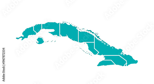 Map of Cuba Divided into Provinces, Turquoise Outline on White Background