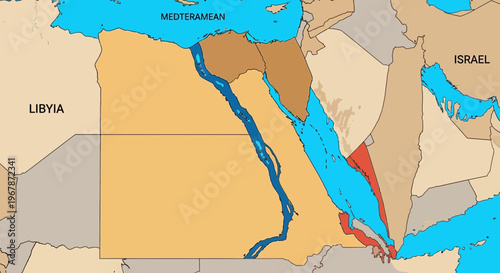 Map of Egypt showing Nile River, Red Sea, Mediterranean Sea, and surrounding countries