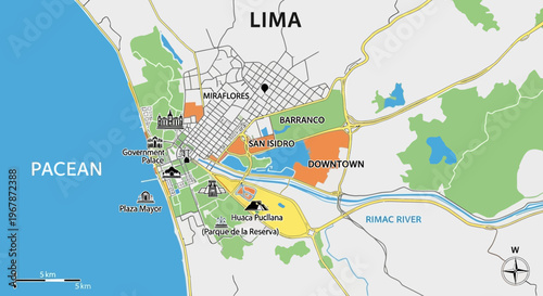 Map of Lima, Peru: City Districts, Coastline, and Rimac River