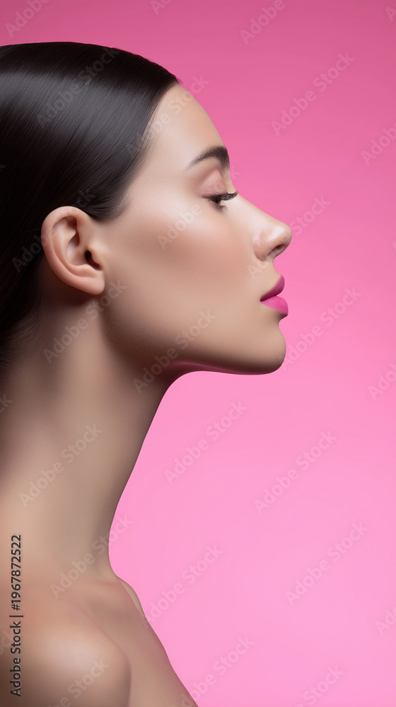 Fototapeta premium Close-up portrait of woman with glowing skin and closed eyes, representing beauty, skincare and wellness.