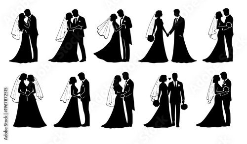 Wedding couple silhouettes romantic poses kissing dancing walking vector illustration isolated on white background