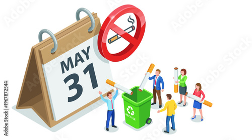 Isometric business figures discarding giant cigarettes into a recycle bin beside a May 31 calendar and no smoking sign, representing tobacco cessation in a vibrant vector illustration.