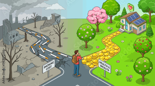 Man faces a fork, one path of cigarettes to decay, the other coins to a green home. Symbolizing choice between health risks vs. well-being, in vivid cartoon, contrasting gloomy gray and vibrant green.
