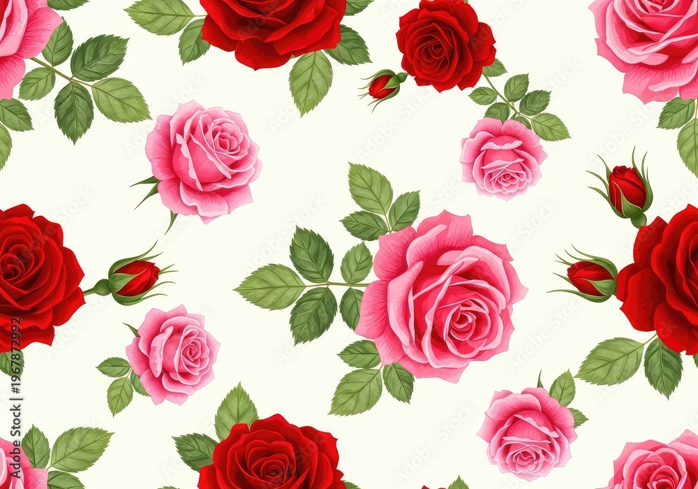 Obraz premium Elegant seamless pattern featuring blooming red and pink roses with green leaves on a soft white background for fabric and wallpaper design, beauty, soft, repeat