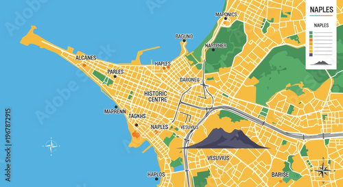 Naples City Map with Mount Vesuvius and Harbor View