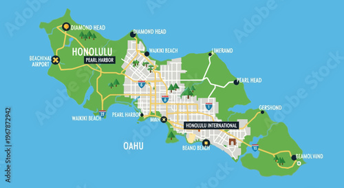 Foto Oahu Hawaii Map - Honolulu, Pearl Harbor, Diamond Head, Waikiki Beach