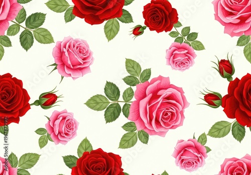 Elegant seamless pattern featuring blooming red and pink roses with green leaves on a soft white background for fabric and wallpaper design, beauty, soft, repeat