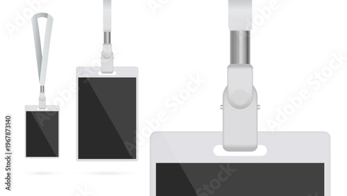 ID Card Mockup with Lanyard, Realistic Employee Badge Holder, Blank Identification Pass Template Vector