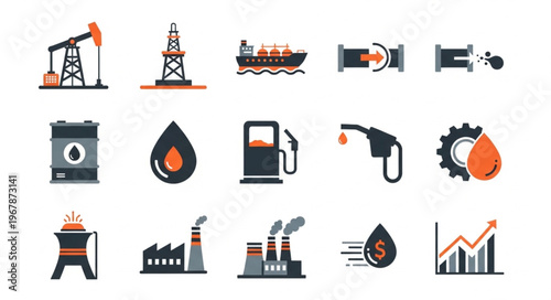 Oil and Gas Industry Icons - Extraction, Transportation, and Processing.