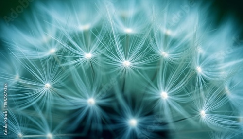 A close-up view of delicate dandelion seeds in soft blue light