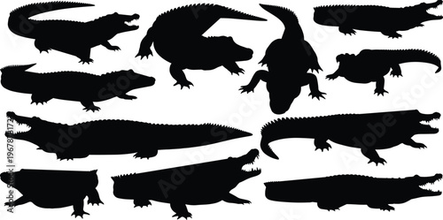 Crocodile silhouette vector set. Alligator collection with multiple poses and central top view. Wild reptile shapes isolated for logo, wildlife, tattoo, and graphic design use.