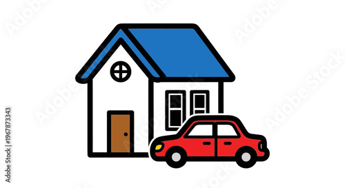 Simple Illustration of House and Red Car, Home Ownership, Property, Transportation