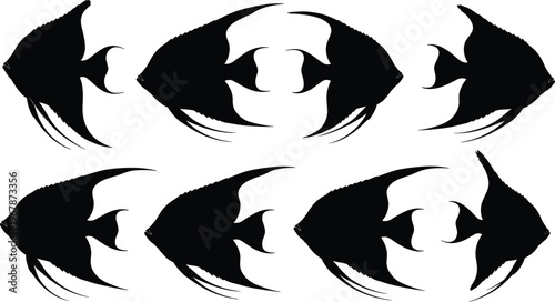 Abstract discus fish silhouette set. Symmetrical tropical aquarium vector collection with artistic shapes and flowing fins. Freshwater fish silhouettes isolated for logo, branding, and design use.
