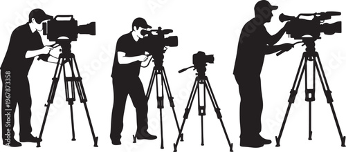 Silhouettes of people working with various video cameras on tripods