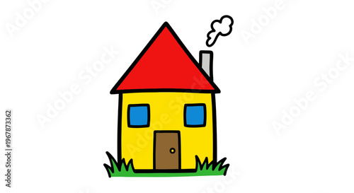 Simple Yellow House with Red Roof and Smoke from Chimney, Cartoon Style
