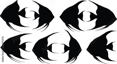 Abstract discus fish silhouette set. Artistic tropical aquarium vector collection with creative shapes and flowing fins. Freshwater fish silhouettes isolated for logo, art, and design use.