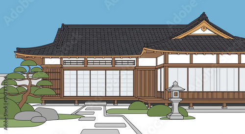 Traditional Japanese House Exterior with Garden and Stone Lantern