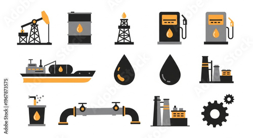 Oil Industry Icons - Extraction, Transportation, and Processing Elements.