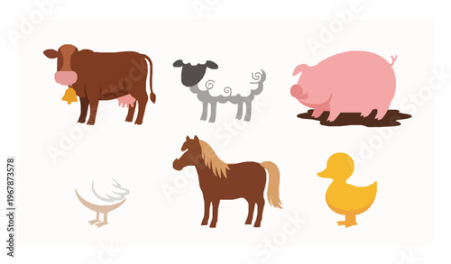 Farm animals vector set with cartoon cow, pig, sheep, chicken, horse, and duck for kids illustrations