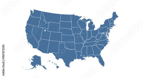 United States Map - Blue Silhouette with White Borders on White Background