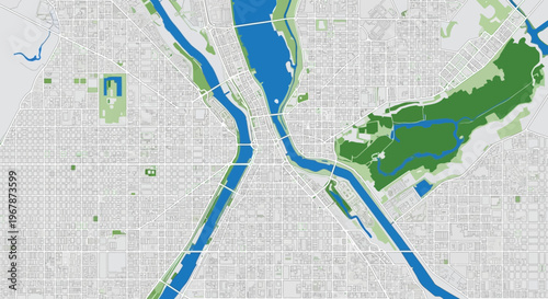 Urban City Map Aerial View with River and Green Parks