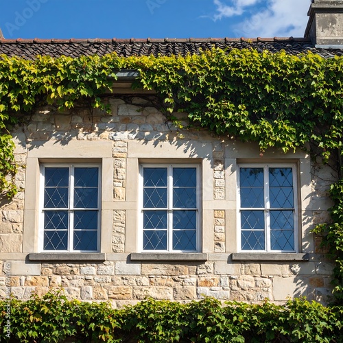 A stone building with ivy-covered facade and three windows