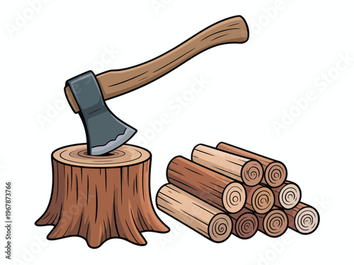 Axe chopping woodpile, vector illustration of an axe striking stacked logs with dynamic motion, isolated on transparent background for forestry, outdoor, and rugged design projects.