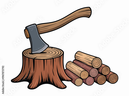 Wood chopping axe vector, axe hitting a pile of logs with flying wood chips, clean illustration on transparent background for camping, lumber, and nature-themed graphics.
