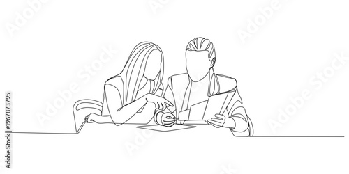 Continuous One Line Drawing of Two Women Discussing a Document at Office Desk