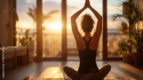Woman practices yoga at sunrise studio.