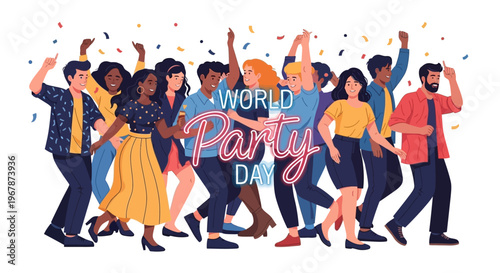 Illustration of diverse people dancing and celebrating on World Party Day with colorful confetti against a clean white background.