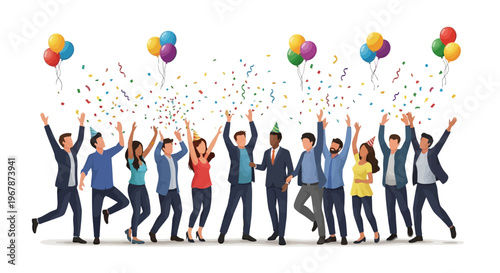 A diverse group of people celebrating with raised arms, surrounded by colorful balloons and confetti on World Party Day, conveying a joyful and festive atmosphere.