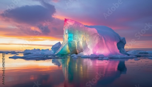 A large iceberg with a colorful glow is reflected in calm water at sunset