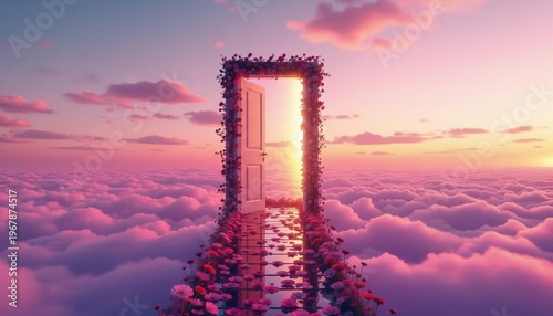 A serene pathway of flowers leads to an open door in the clouds at sunset