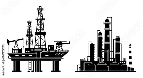 Offshore Oil Rig and Refinery Plant Silhouette Illustration.