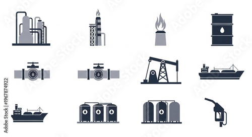 Oil and Gas Industry Icons - Refinery, Drilling Rig, and Transportation.
