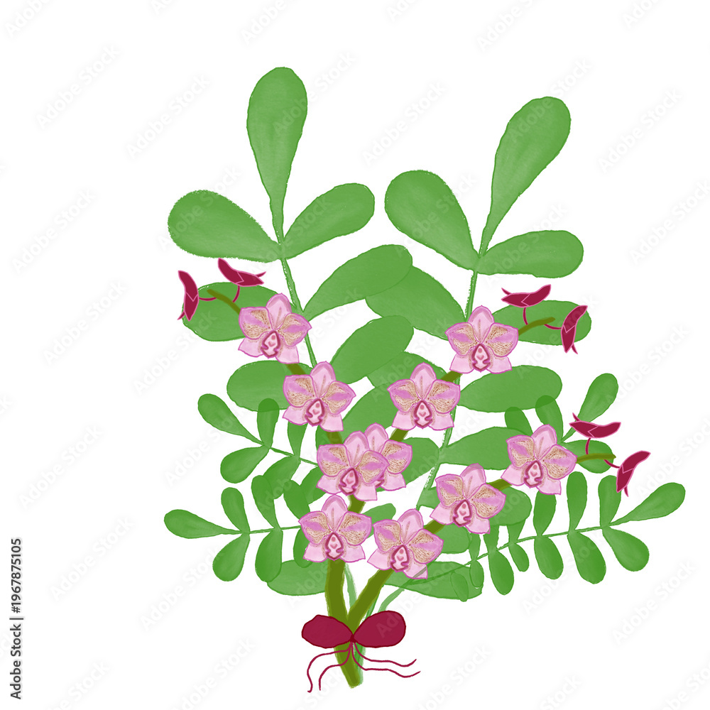 Obraz premium Hand-painted floral arrangement featuring pink orchids and lush green leaves tied with a red ribbon. Perfect for wedding invitations, greeting cards, and romantic stationery