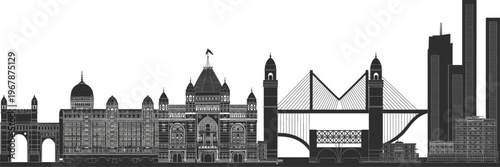 Mumbai city skyline silhouette featuring Gateway of India Taj Mahal Palace Hotel and Bandra-Worli Sea Link isolated on white background