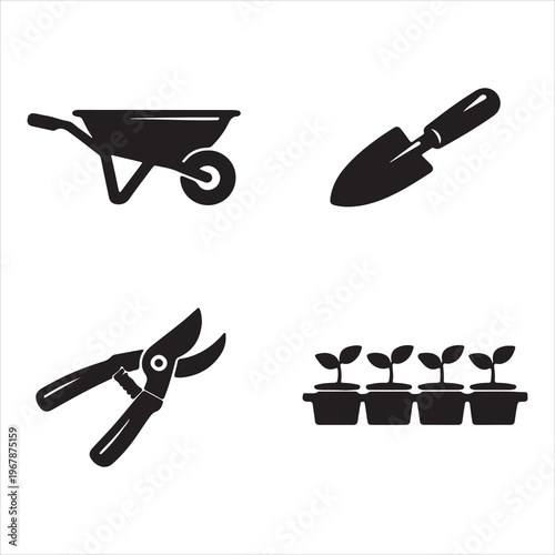 Gardening tools and plants icons