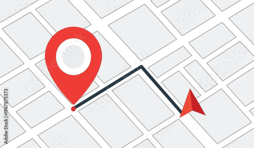 Red map pin marking route on abstract city street grid background