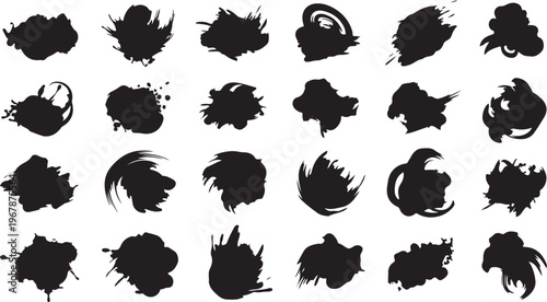 Collection of black ink splatters on white background various shapes