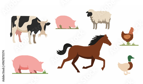 Farm animal cartoon vector illustration of cow, pig, sheep, horse, chicken, duck in playful poses