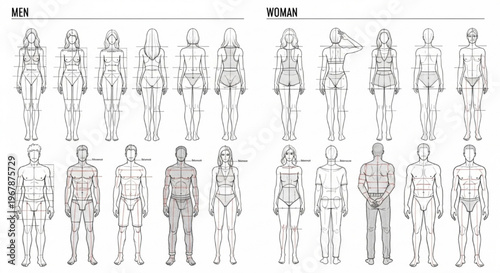 Fashion Drawing Templates Technical Women Men Body Proportion Vector Croquis Illustration Set