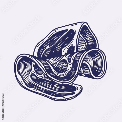 Prosciutto ham slices folded engraving. Vintage vector illustration of italian cured meat. Hand-drawn line art for deli menu and charcuterie design
